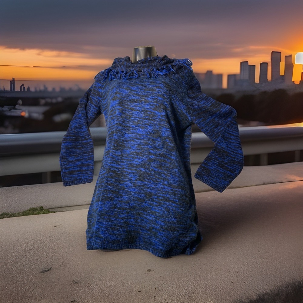 Notations Sweater Sm blue black Fringed Cowl Neck Pullover tunic Over Sized